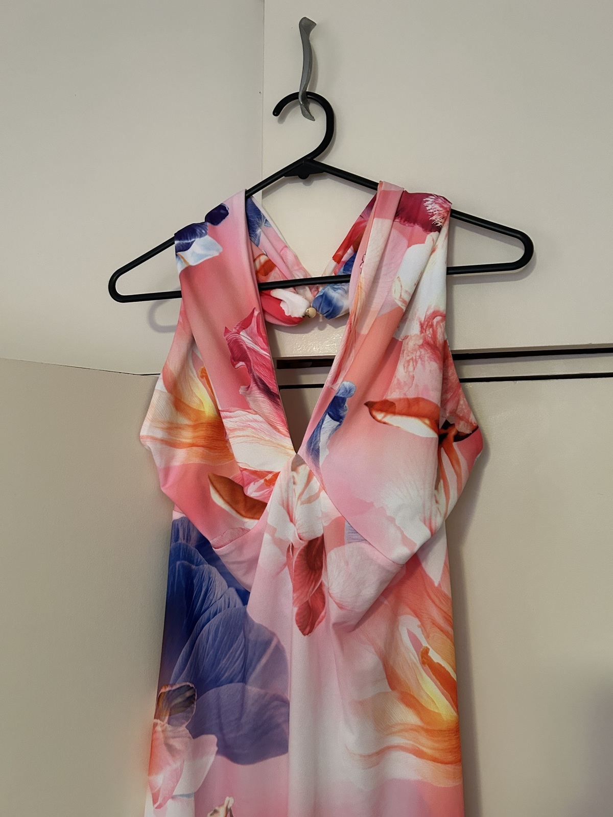Abstract Floral Printed Jersey Crepe Twist Neckline Maxi Dress