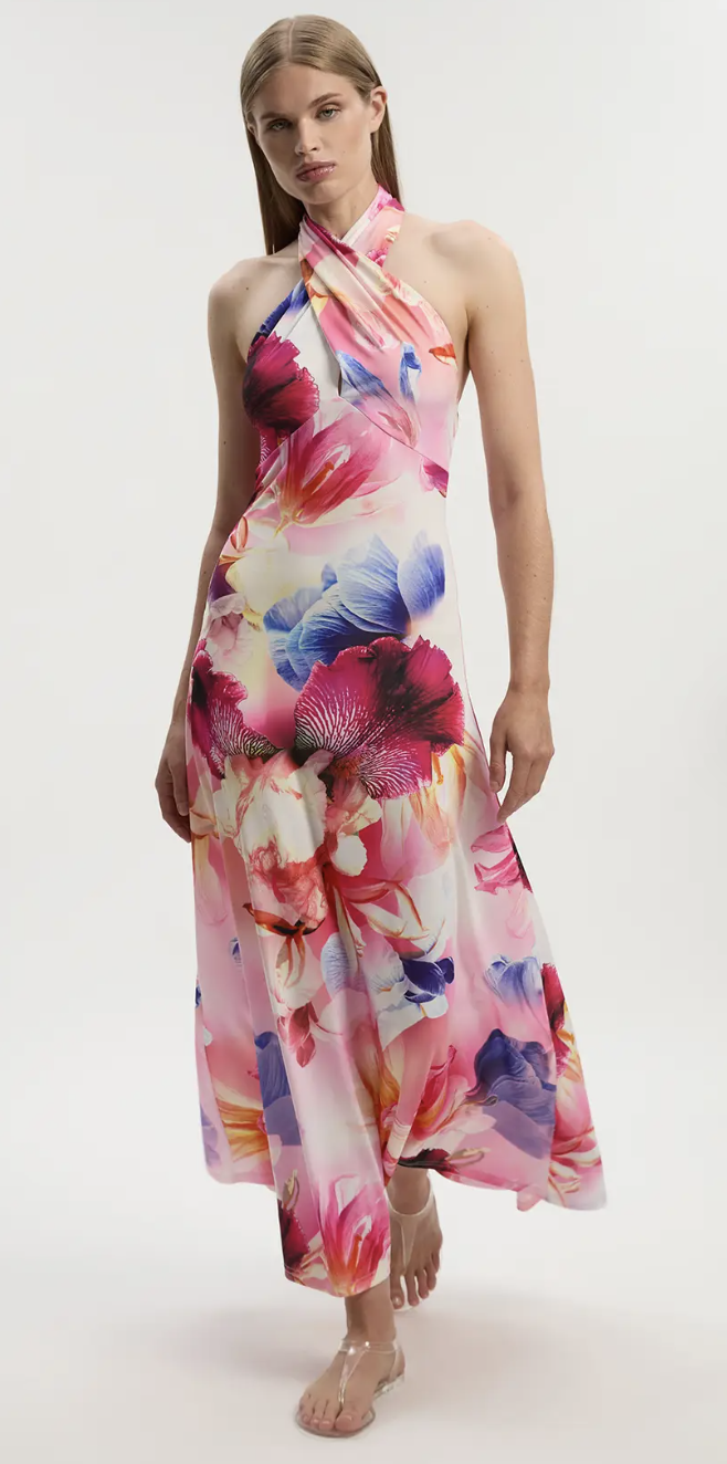 Abstract Floral Printed Jersey Crepe Twist Neckline Maxi Dress