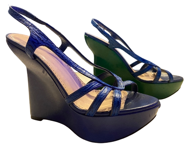 Athalia Leather Blue/Green Wedge Heel Sandal - Size 36.5 EU