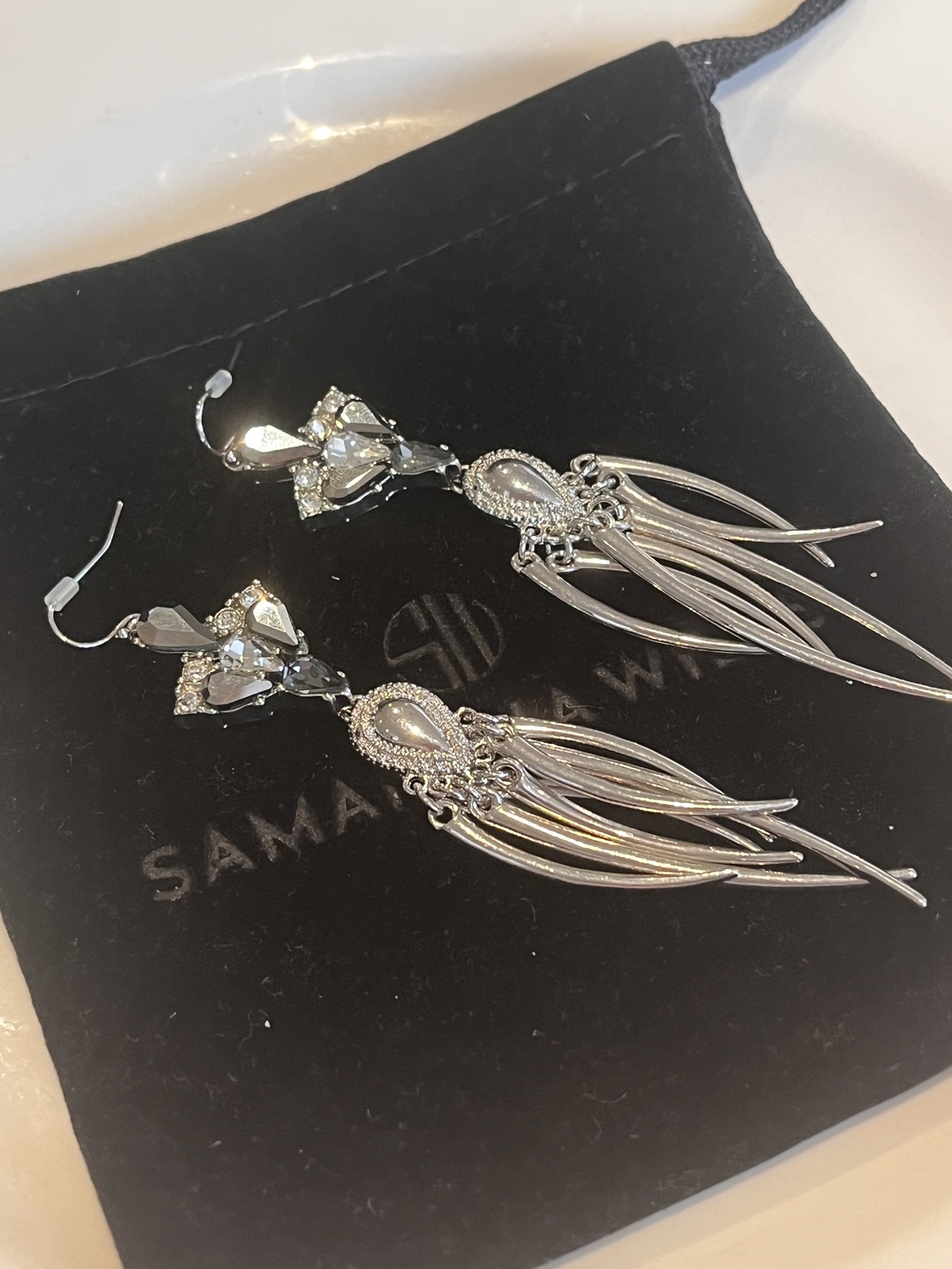 SILVER DANGLE EARRINGS WITH CHROME & CLEAR CRYSTALS