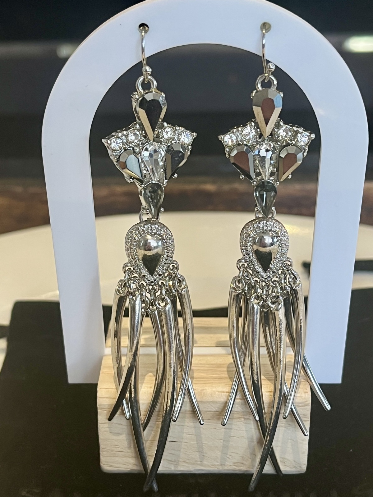 SILVER DANGLE EARRINGS WITH CHROME & CLEAR CRYSTALS