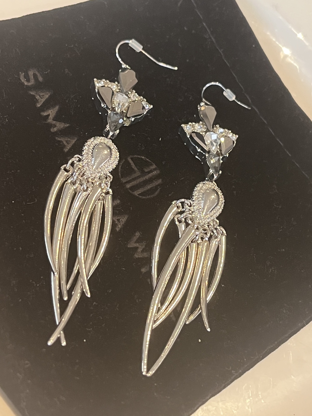 SILVER DANGLE EARRINGS WITH CHROME & CLEAR CRYSTALS