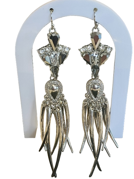 SILVER DANGLE EARRINGS WITH CHROME & CLEAR CRYSTALS