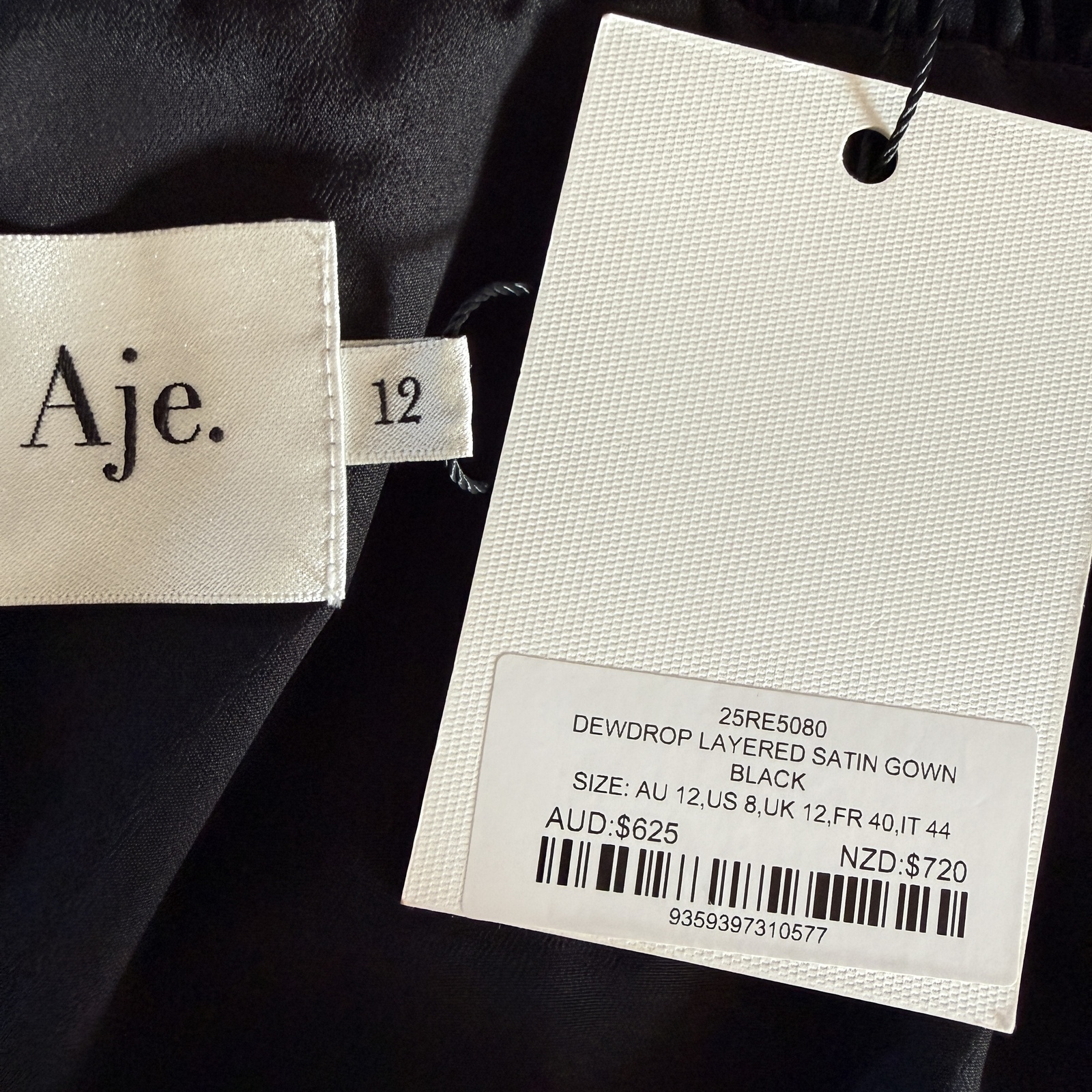 BNWT Aje Dewdrop Layered Satin Gown - black - size 12 