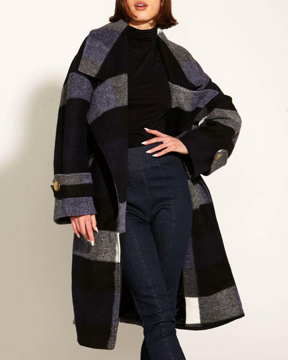 Stranger Oversized Collared Waist Tie Coat, Navy Check (BNWT)