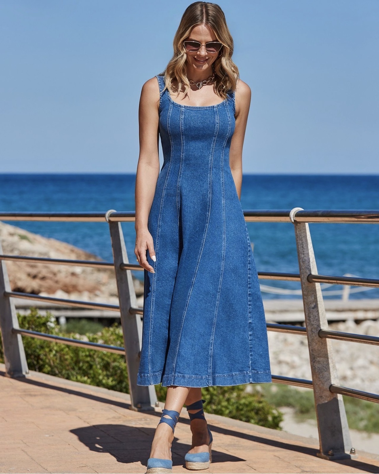 Panelled fit and flare denim Midaxi dress