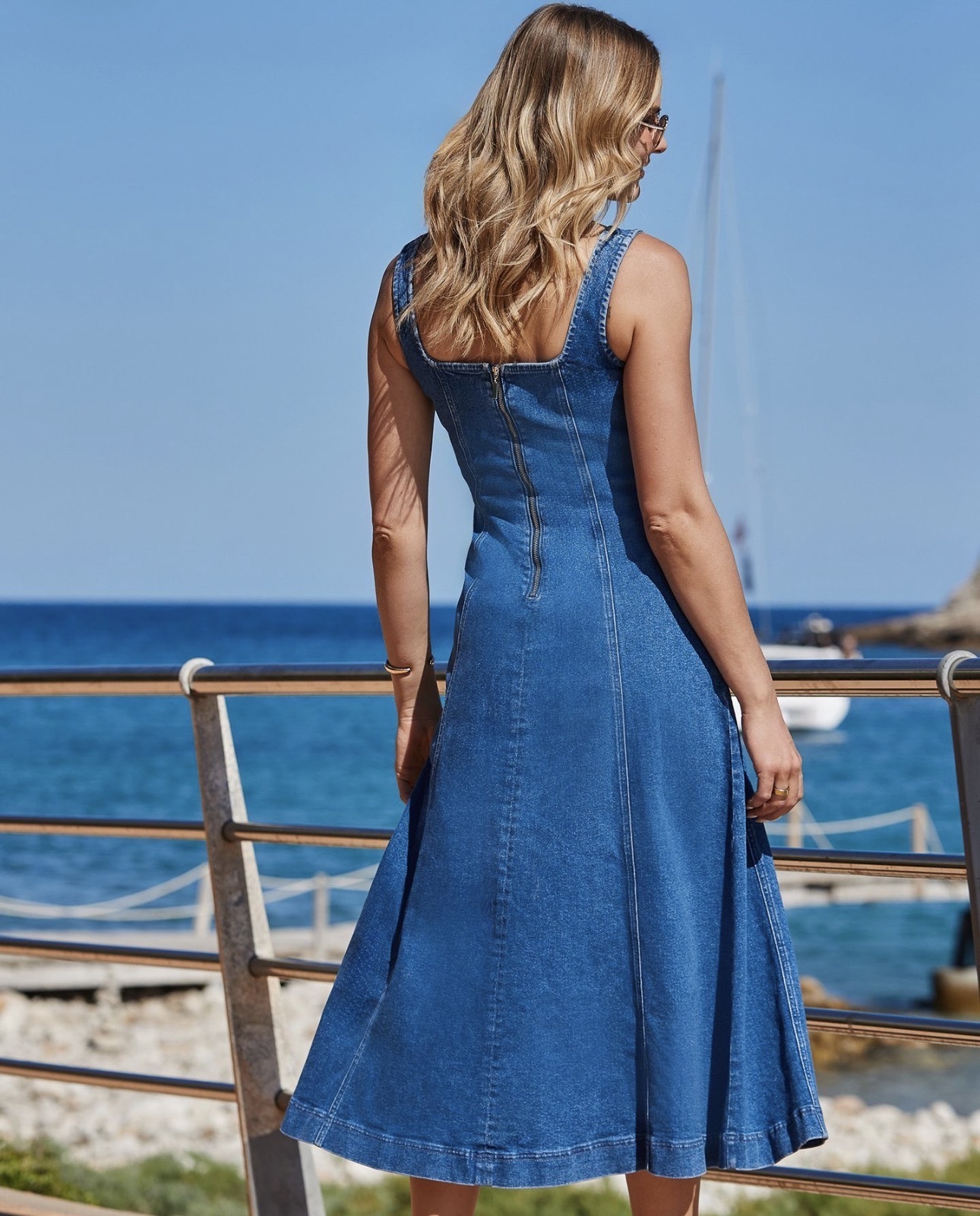 Panelled fit and flare denim Midaxi dress