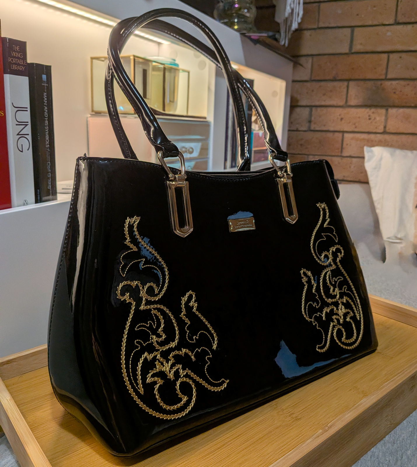 Beverly Hills Black Patent Leather Handbag - Gold Baroque Motif