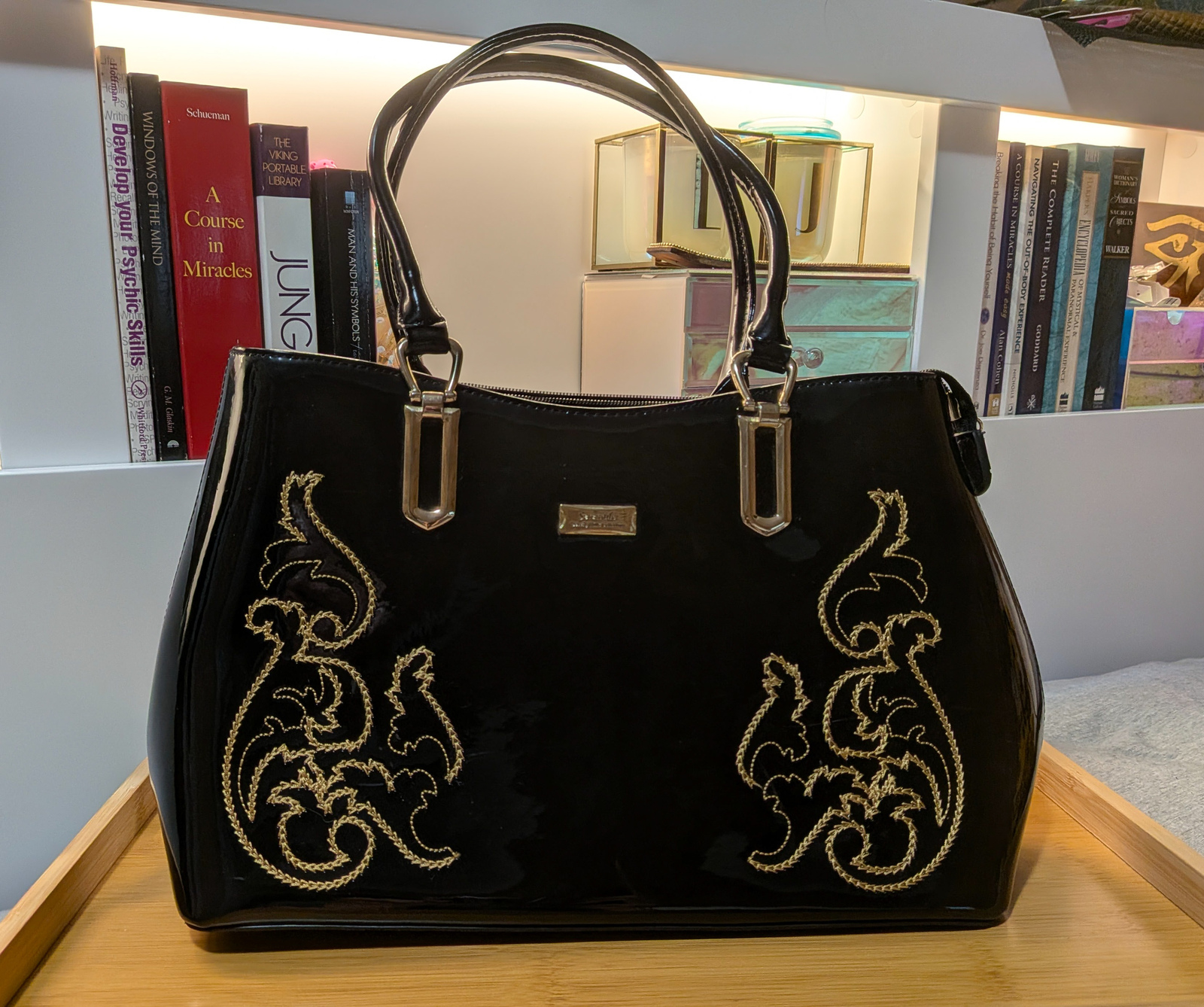 Beverly Hills Black Patent Leather Handbag - Gold Baroque Motif