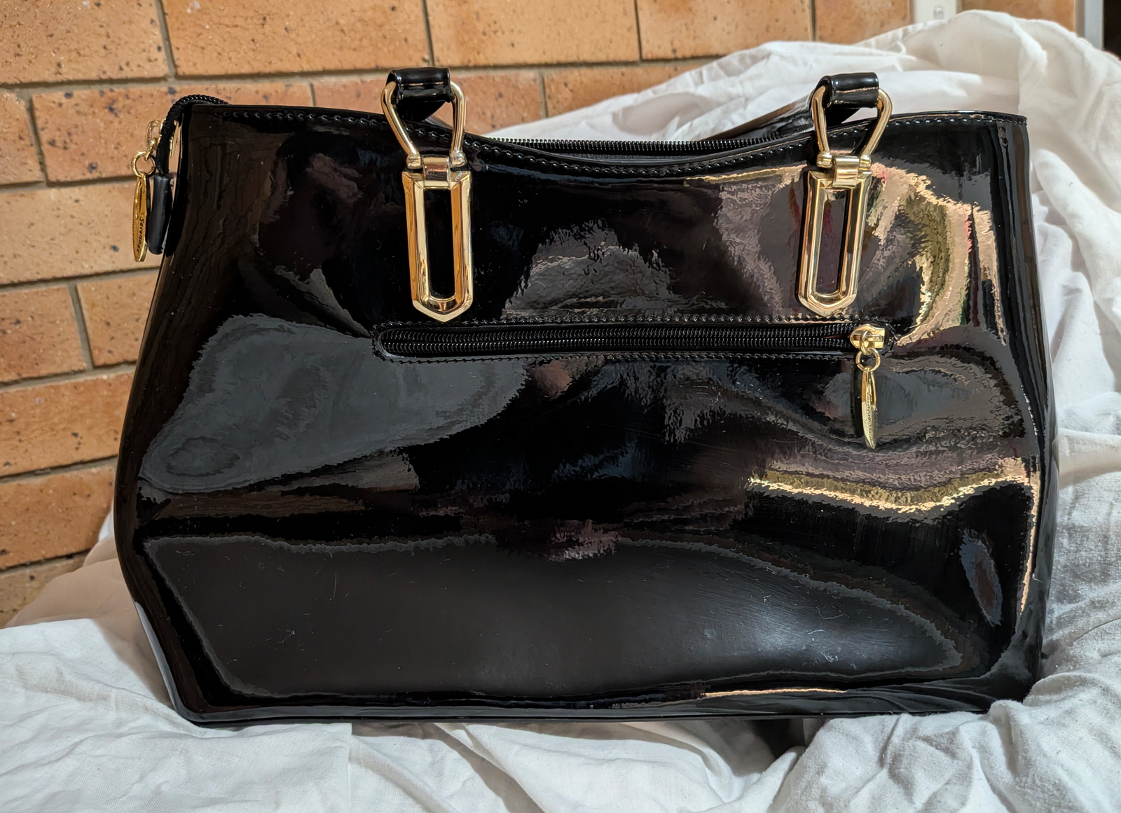 Beverly Hills Black Patent Leather Handbag - Gold Baroque Motif