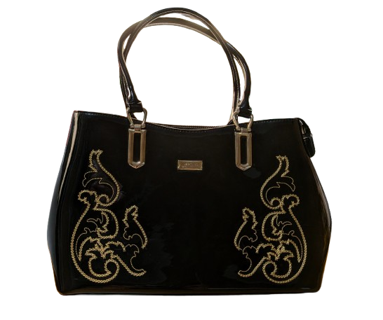 Beverly Hills Black Patent Leather Handbag - Gold Baroque Motif
