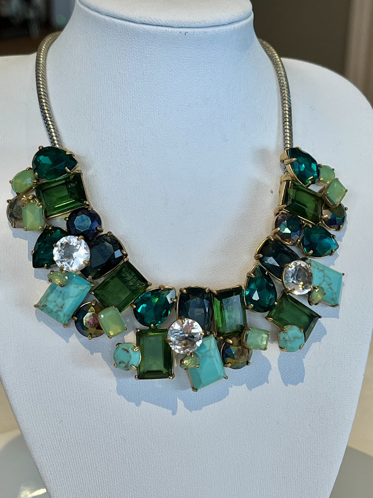 CASCADE NECKLACE WITH MULTI-TONED GREEN & TURQUOISE CRYSTALS