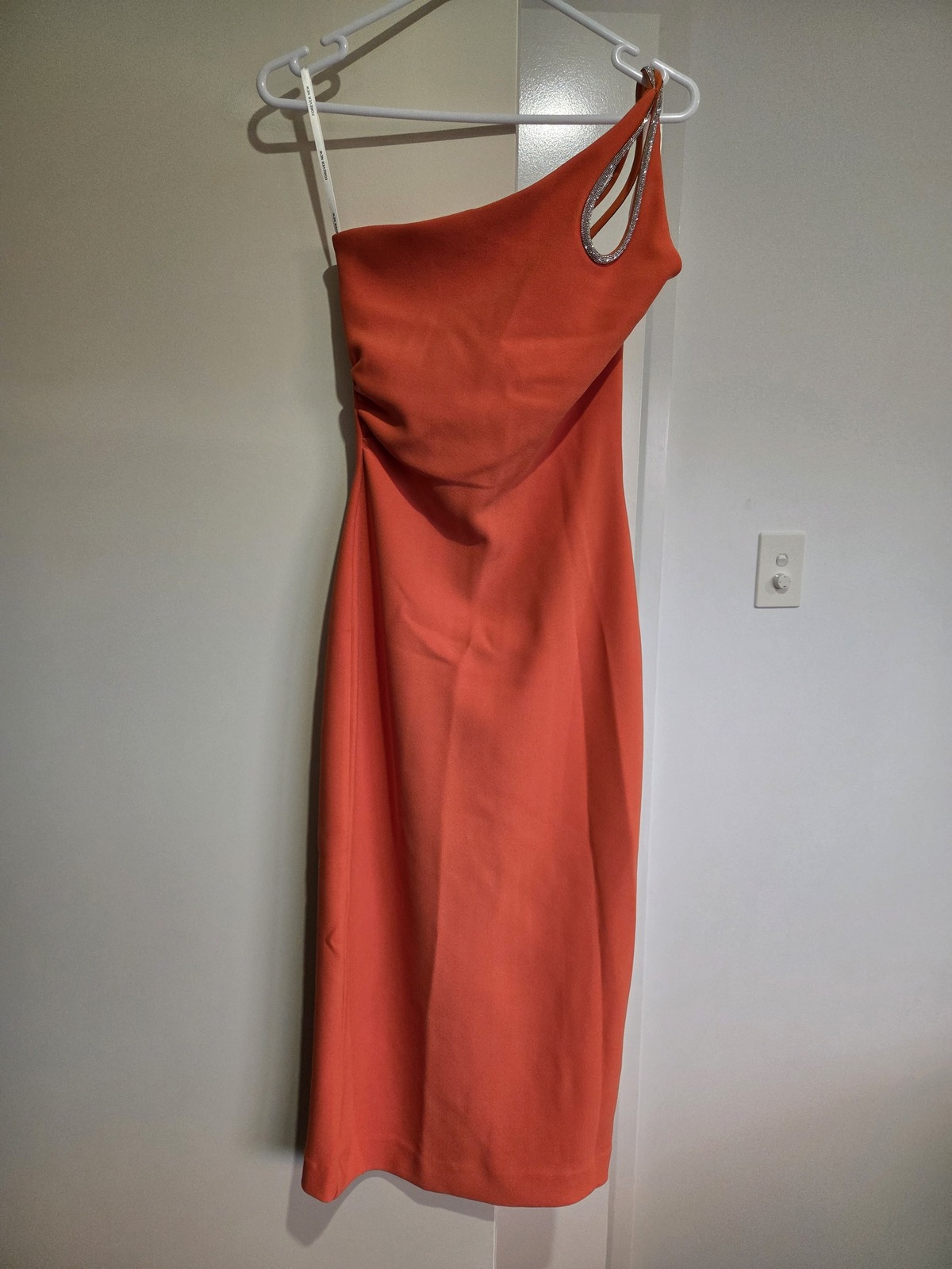 Orange, one shoulder, midi dress