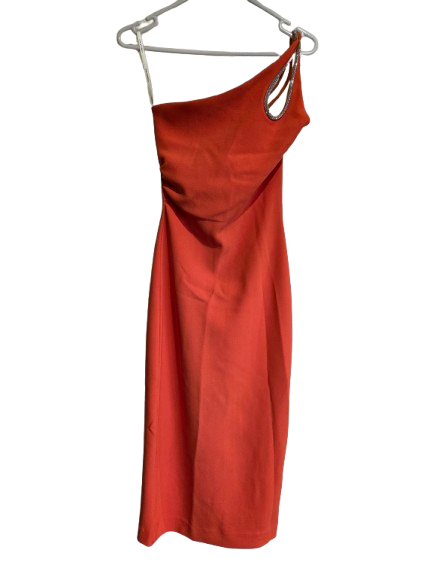 Orange, one shoulder, midi dress
