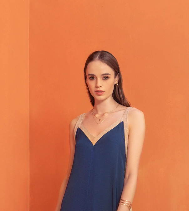 Grecian Goddess NAVY and gold maxi dress. Greek brand: Moutaki 