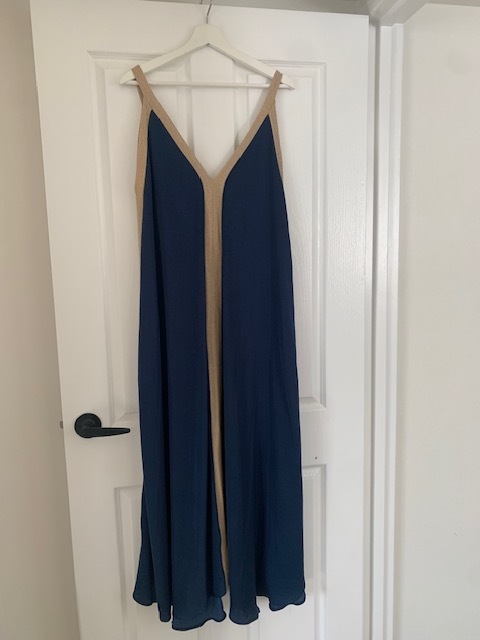 Grecian Goddess NAVY and gold maxi dress. Greek brand: Moutaki 