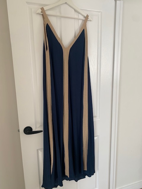 Grecian Goddess NAVY and gold maxi dress. Greek brand: Moutaki 