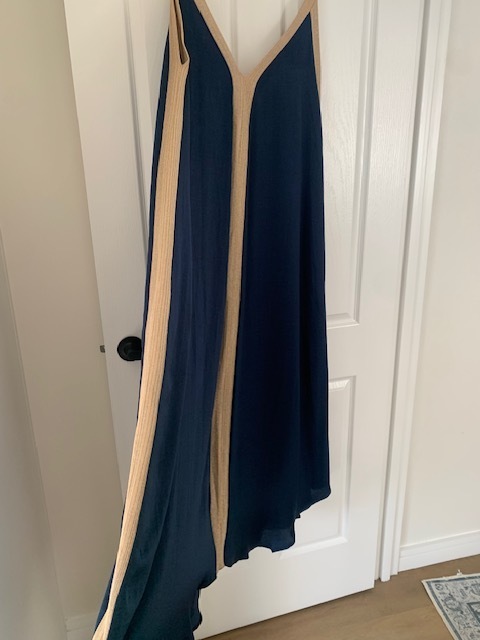 Grecian Goddess NAVY and gold maxi dress. Greek brand: Moutaki 