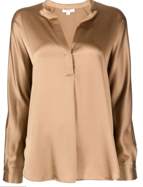 SILK SHIRT BAND COLLAR BLOUSE IN BRONZE