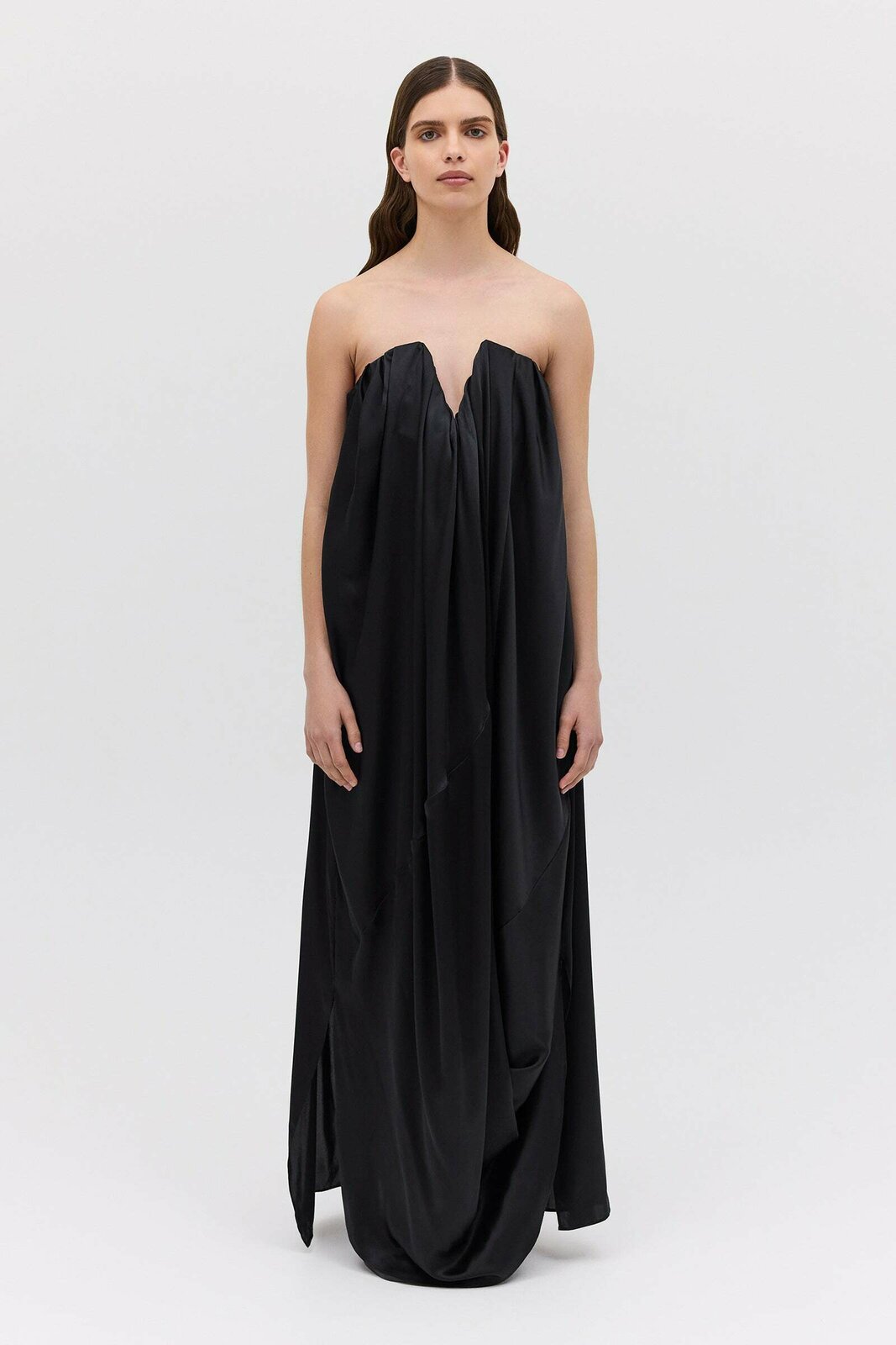 BLACK SILK SATIN PLUNGE GOWN