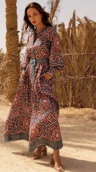Stella Maxi Dress with long puff sleeves and cinched waist