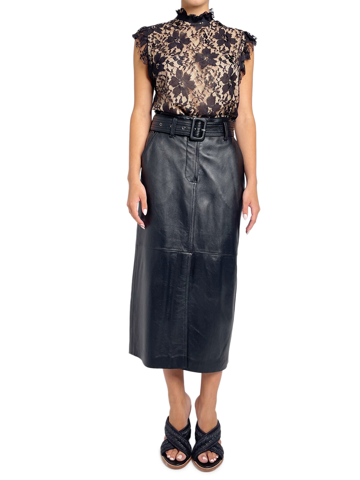 Black and Nude Lace Top with Ruffle Neck