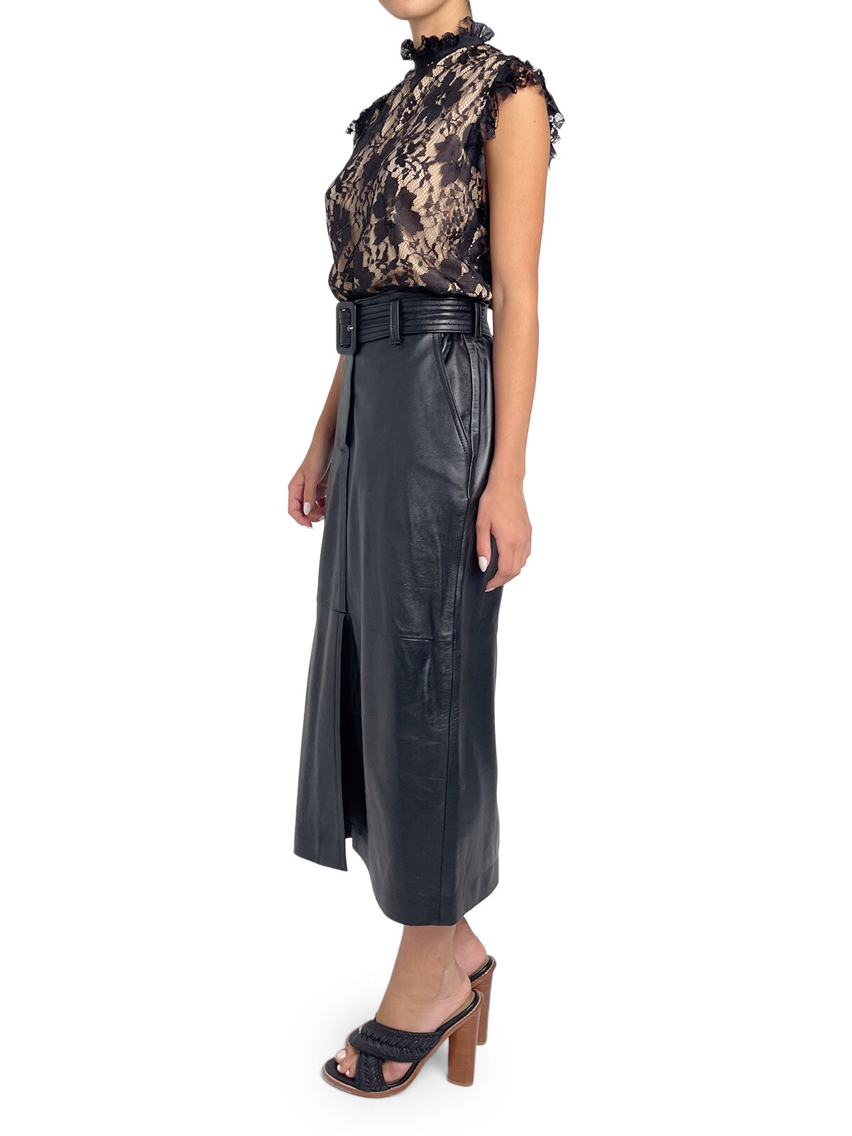Black and Nude Lace Top with Ruffle Neck