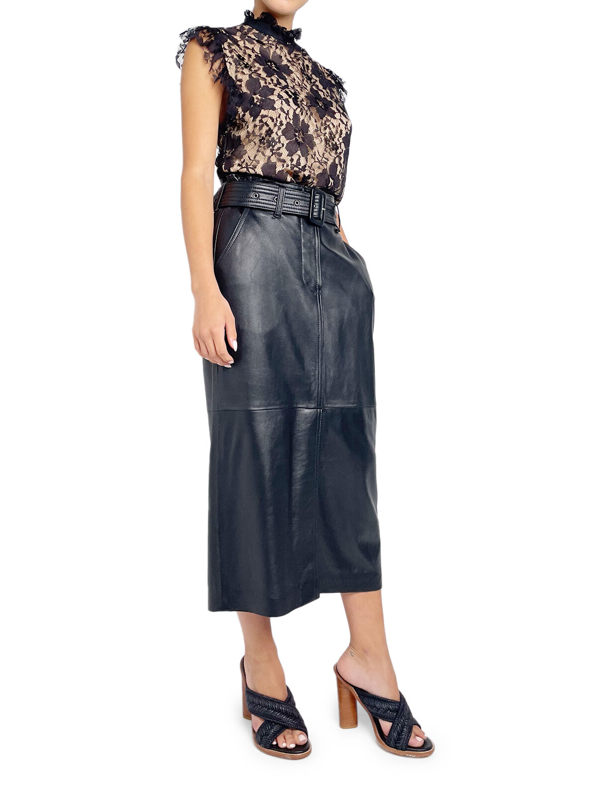 Black and Nude Lace Top with Ruffle Neck