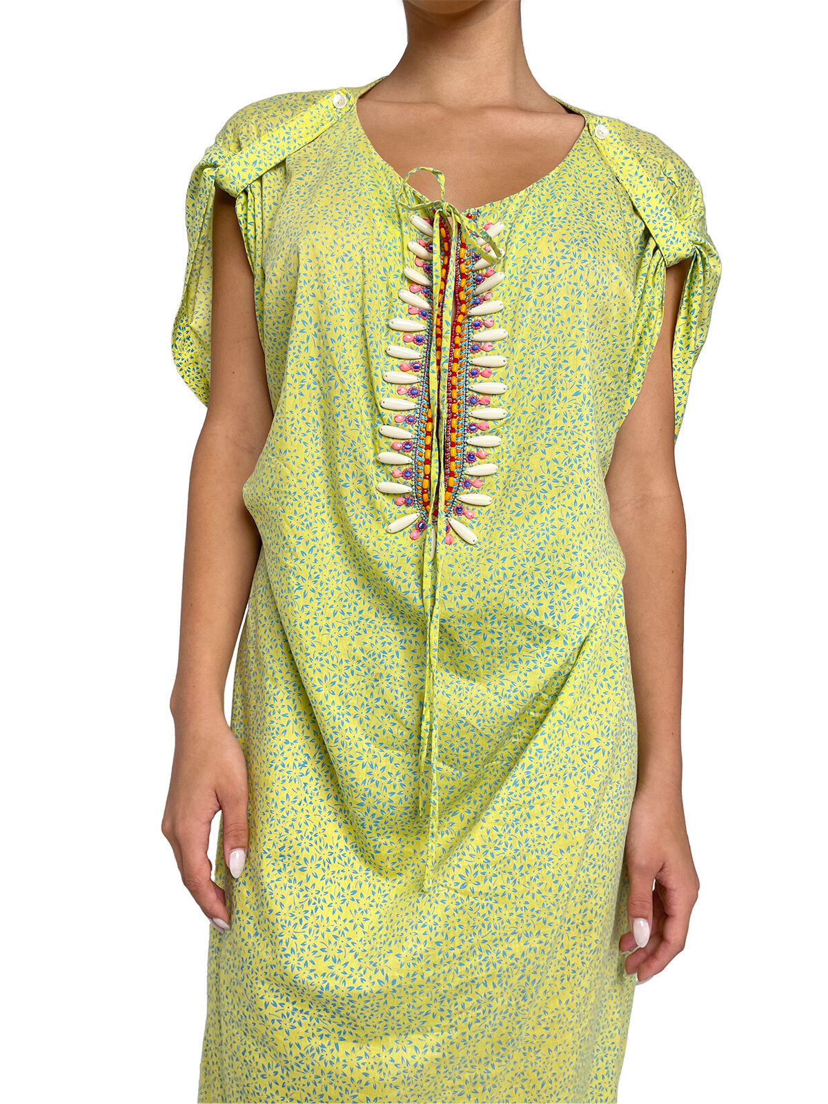 Green Tunic Dress with Beaded Neck Detail