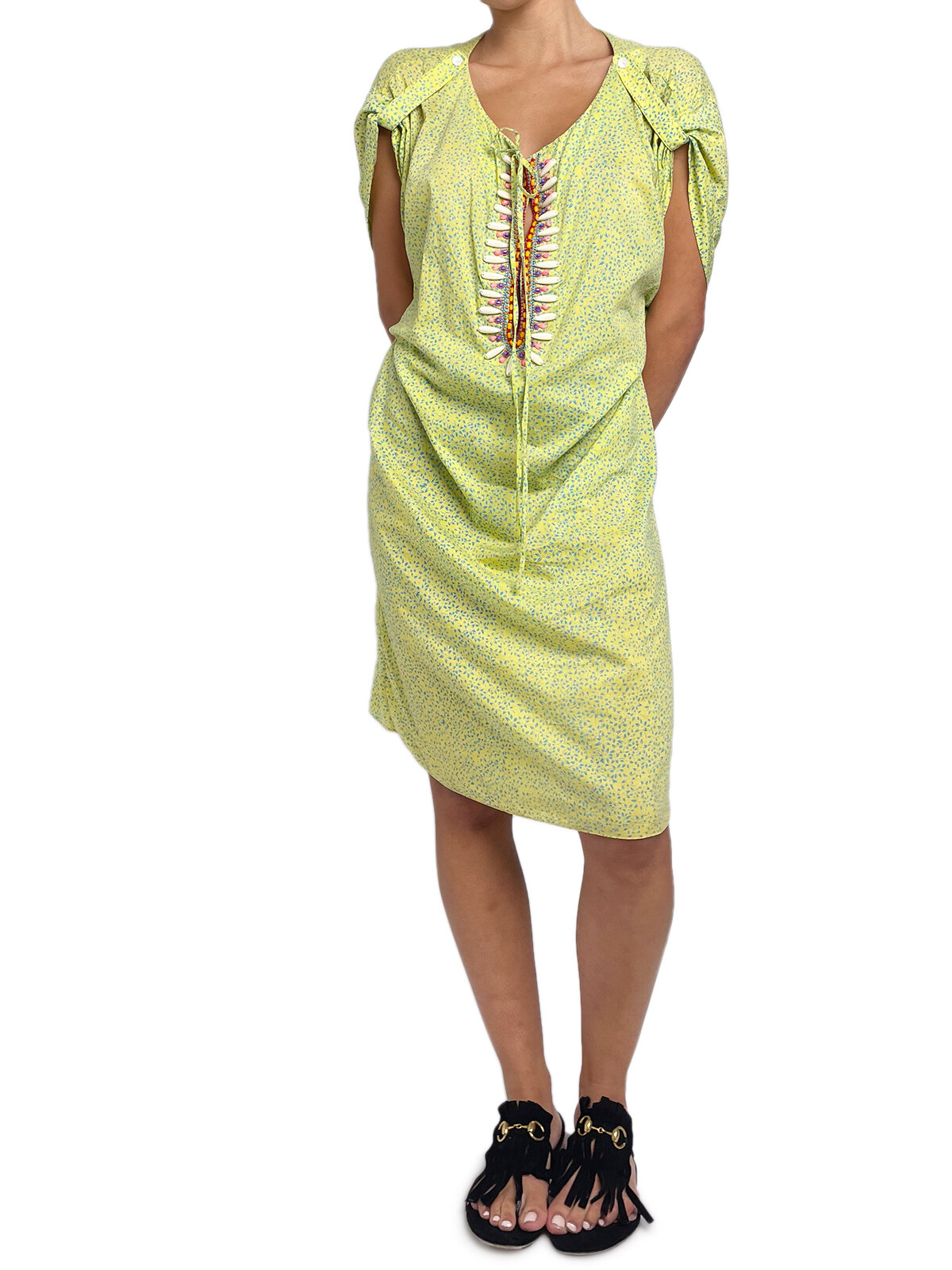 Green Tunic Dress with Beaded Neck Detail