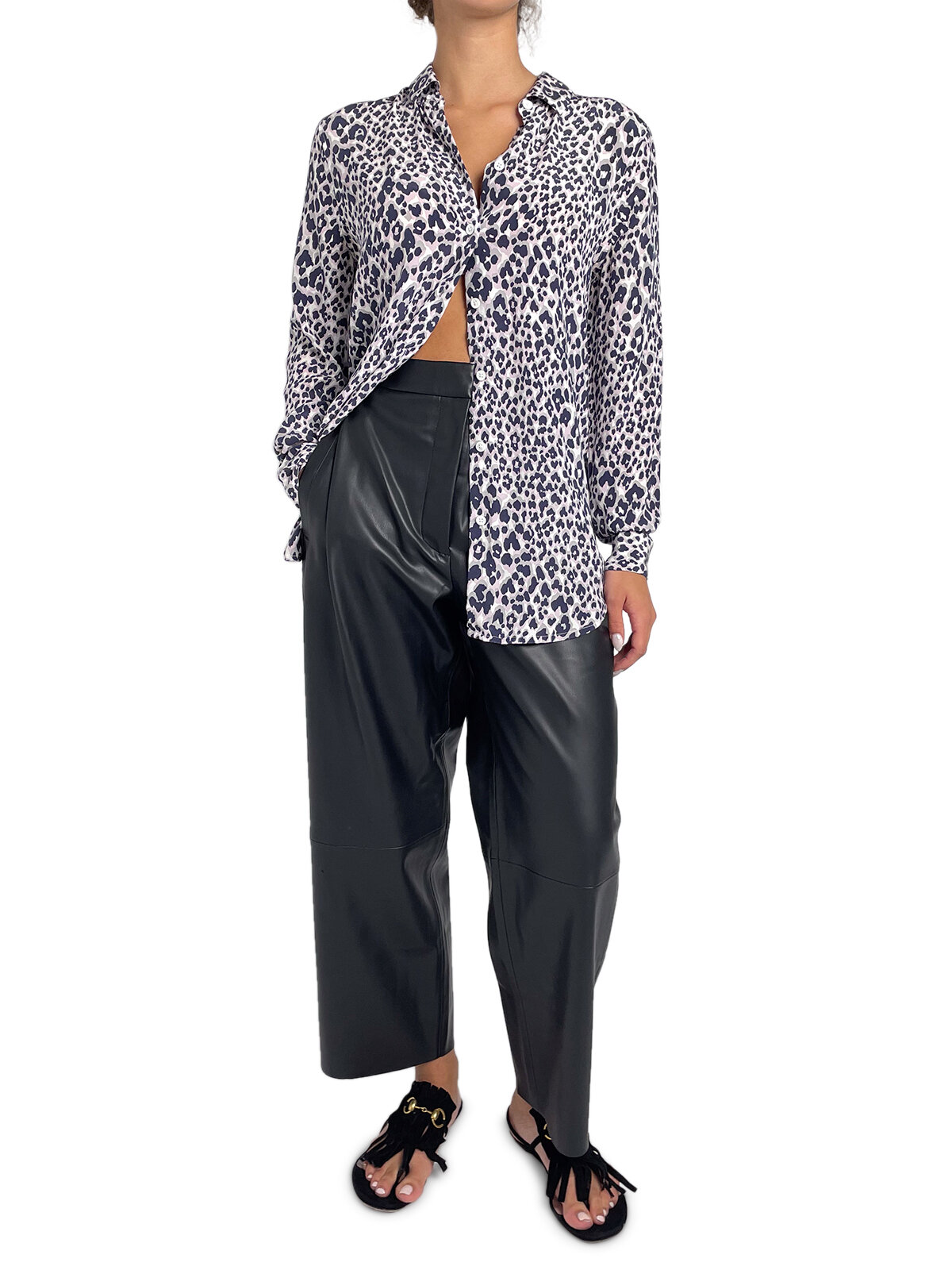 Grey & Pink Leopard Print Silk Button Up