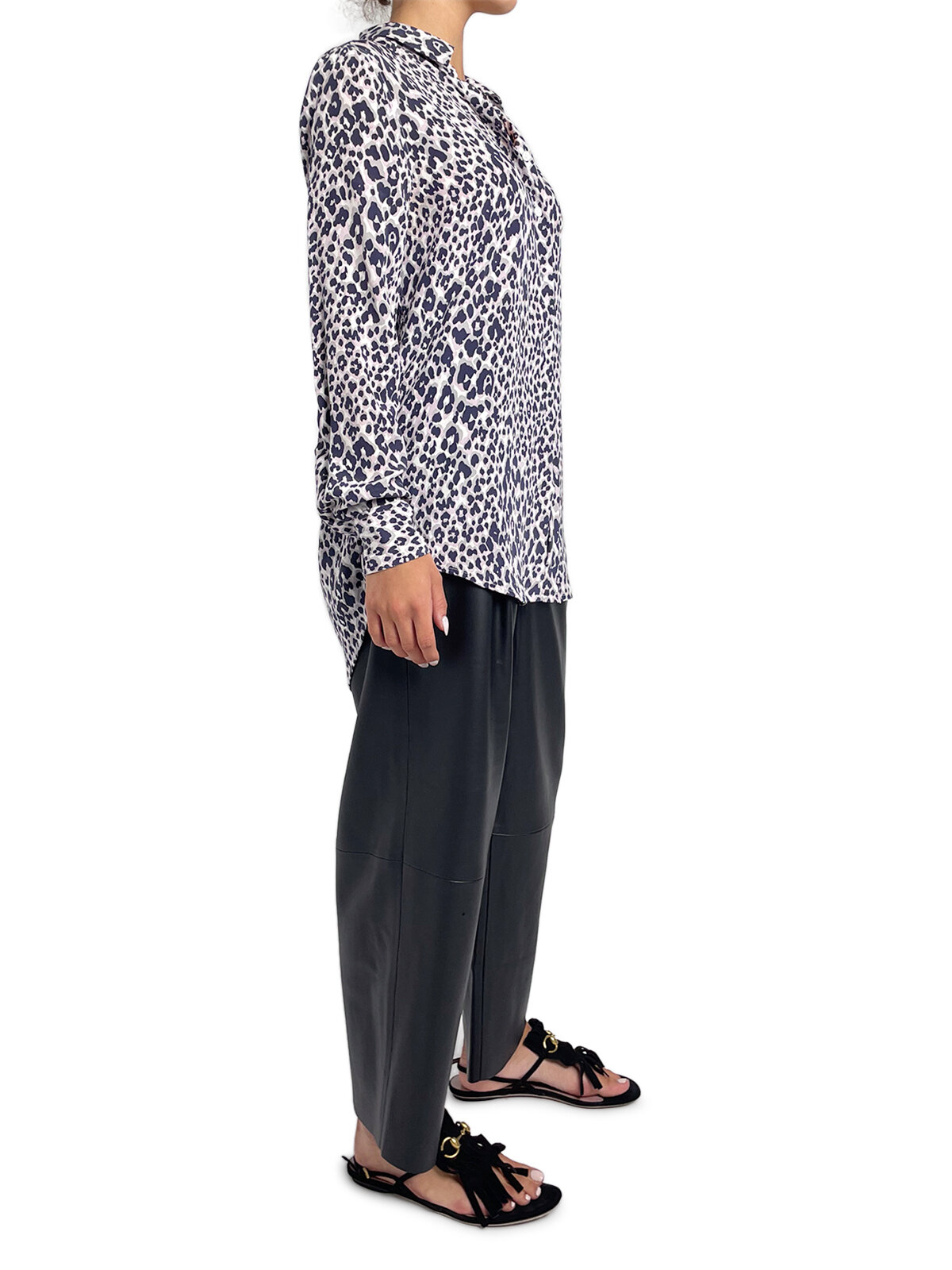 Grey & Pink Leopard Print Silk Button Up