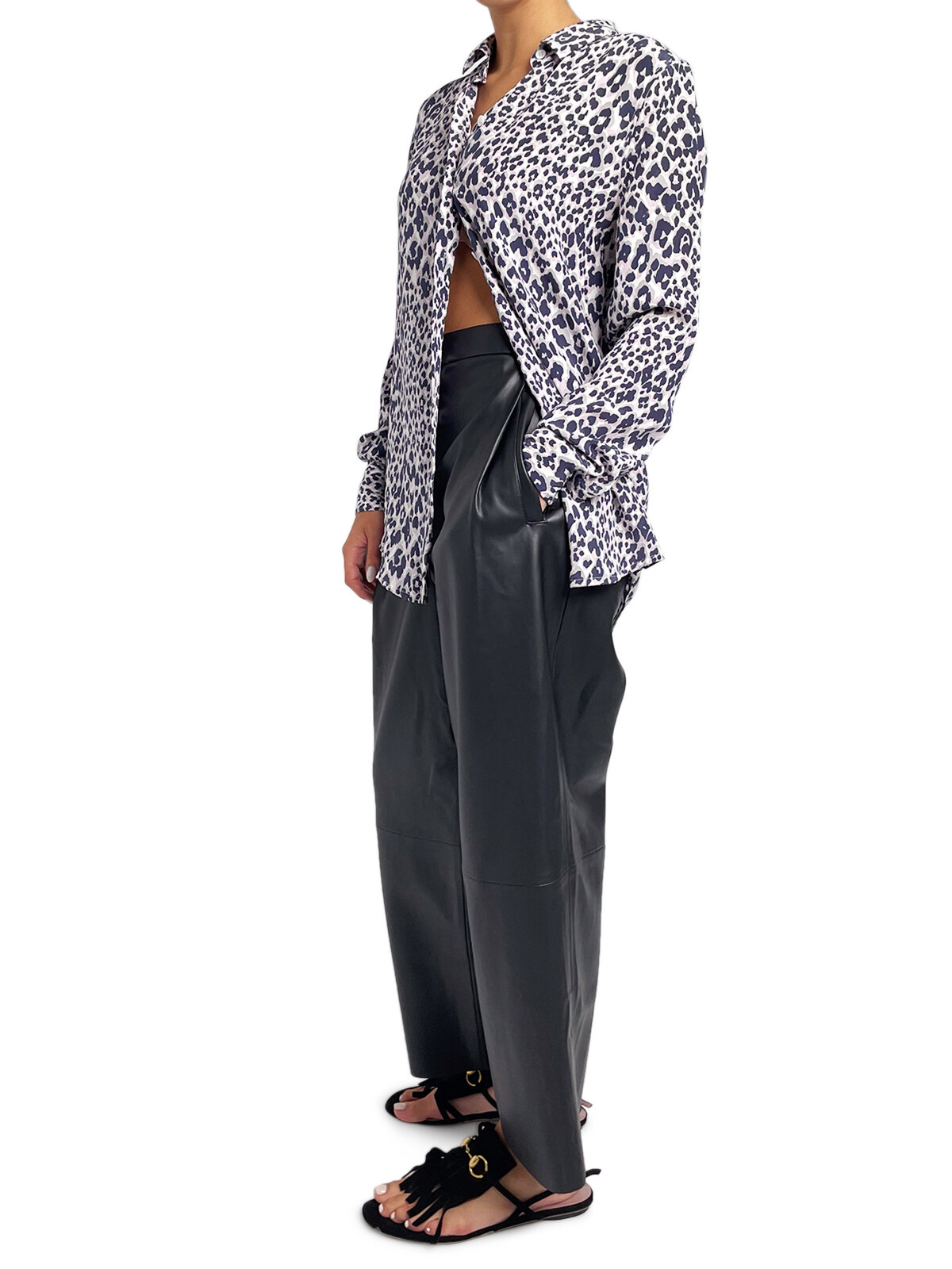 Grey & Pink Leopard Print Silk Button Up