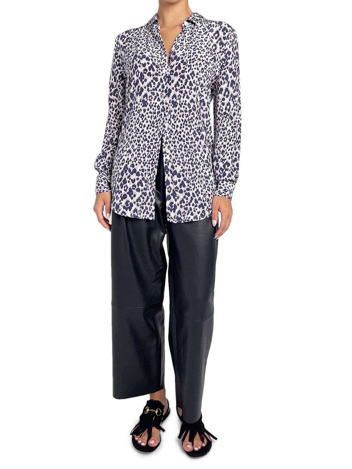 Grey & Pink Leopard Print Silk Button Up