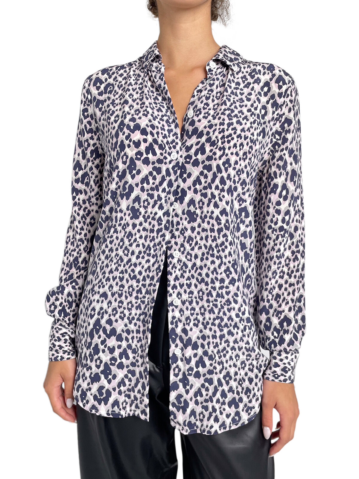 Grey & Pink Leopard Print Silk Button Up
