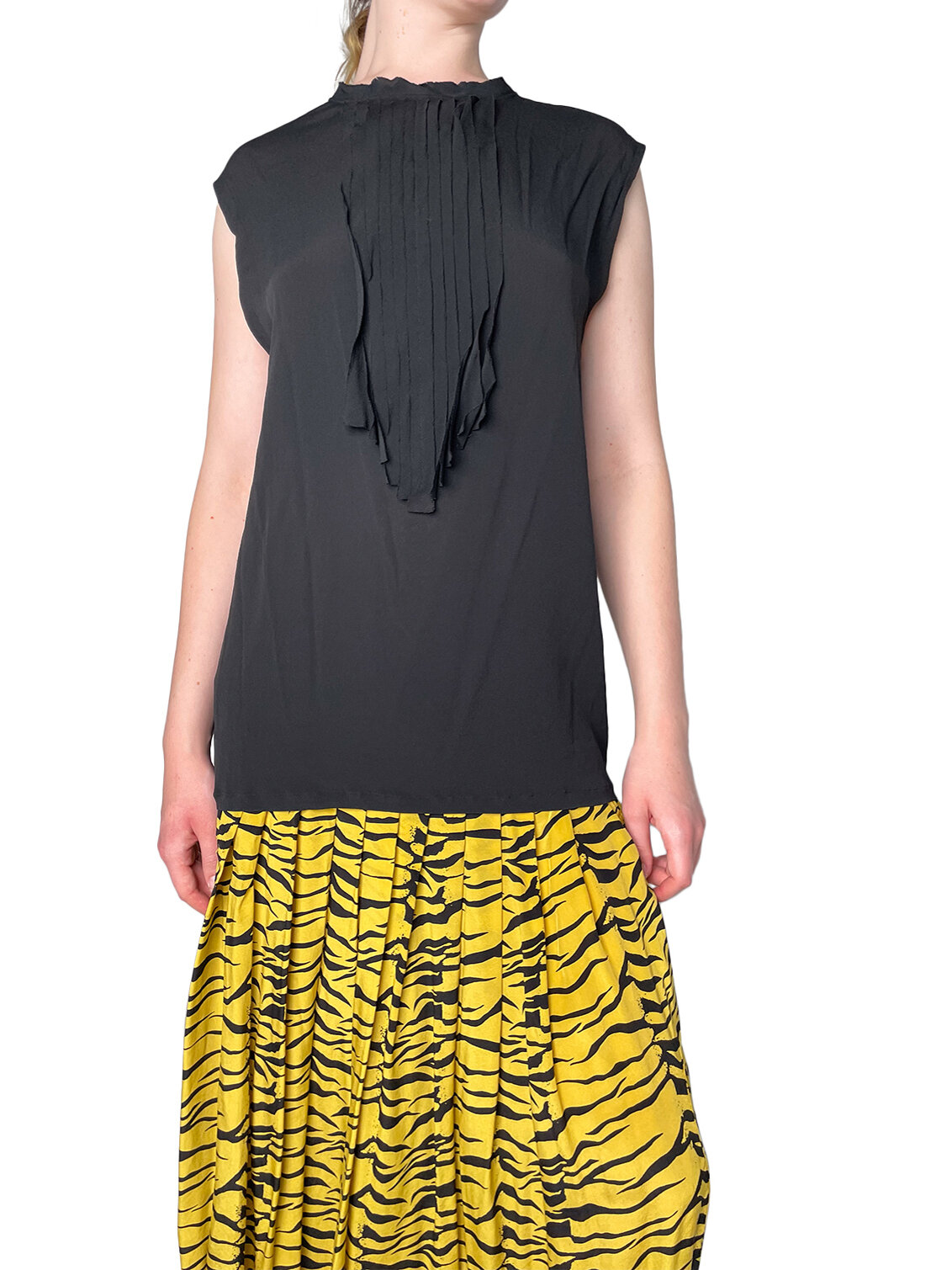 Black Silk Crepe Top with Ruffle