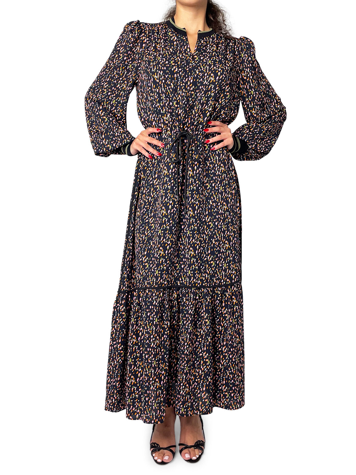 Black Pink & Green Floral tie waist dress