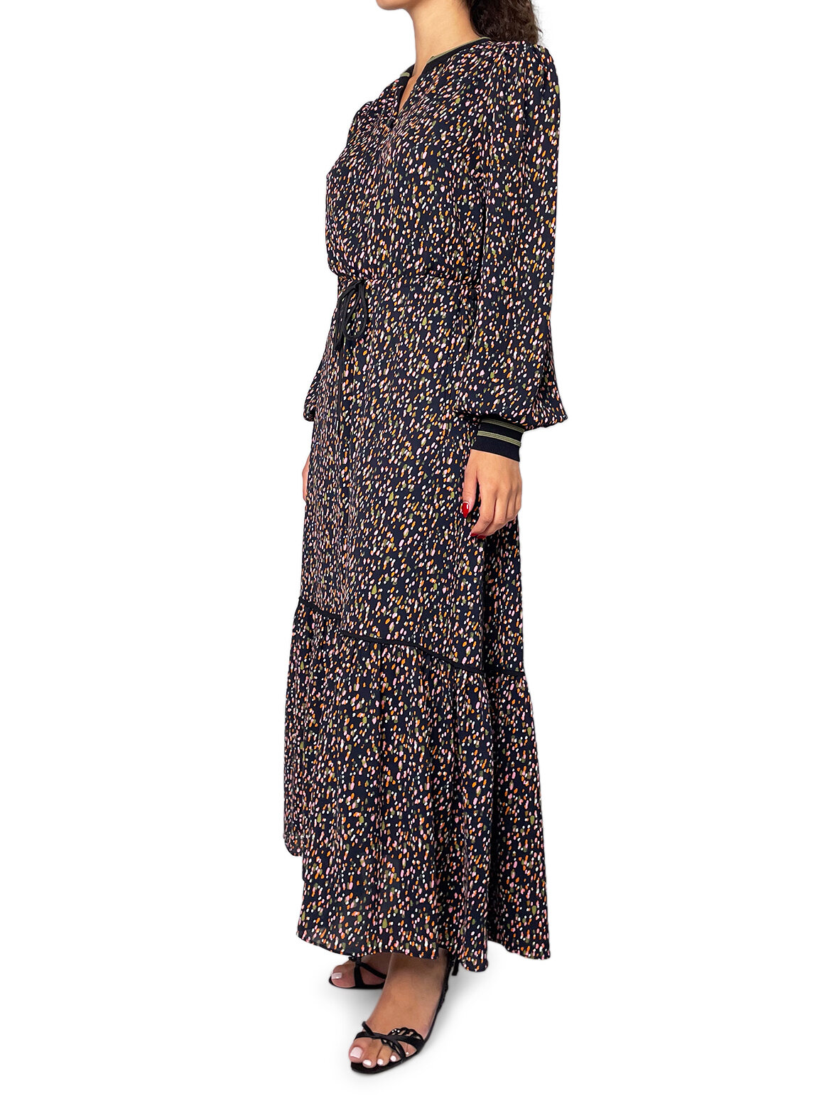 Black Pink & Green Floral tie waist dress