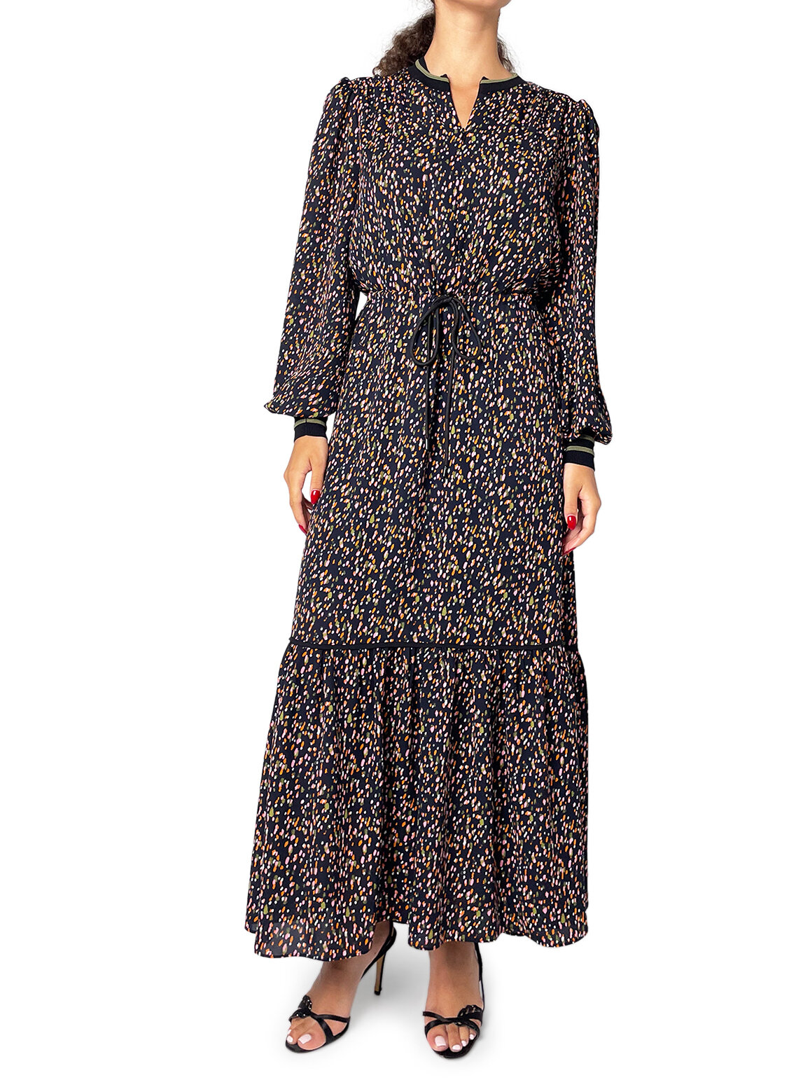 Black Pink & Green Floral tie waist dress