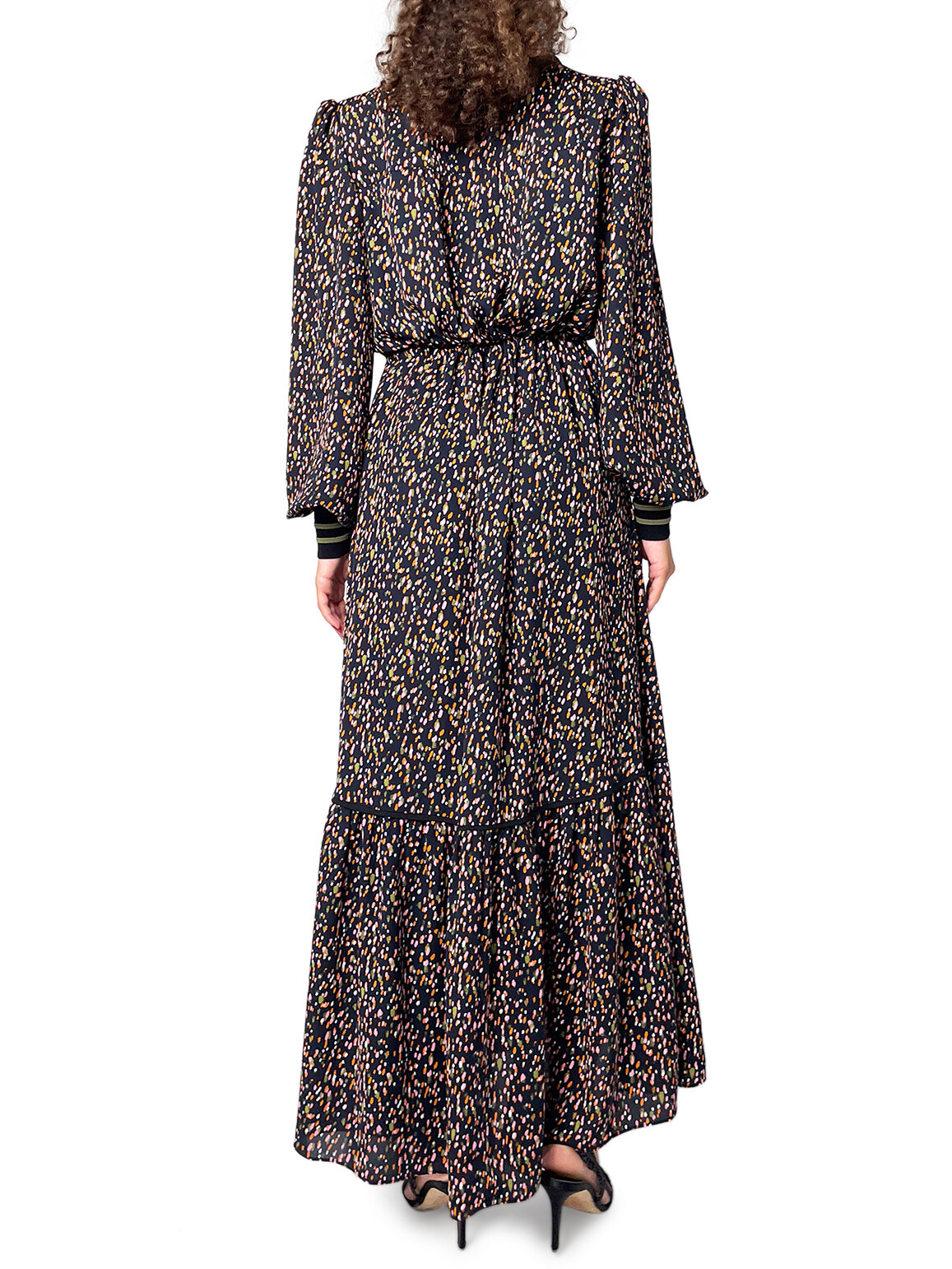 Black Pink & Green Floral tie waist dress