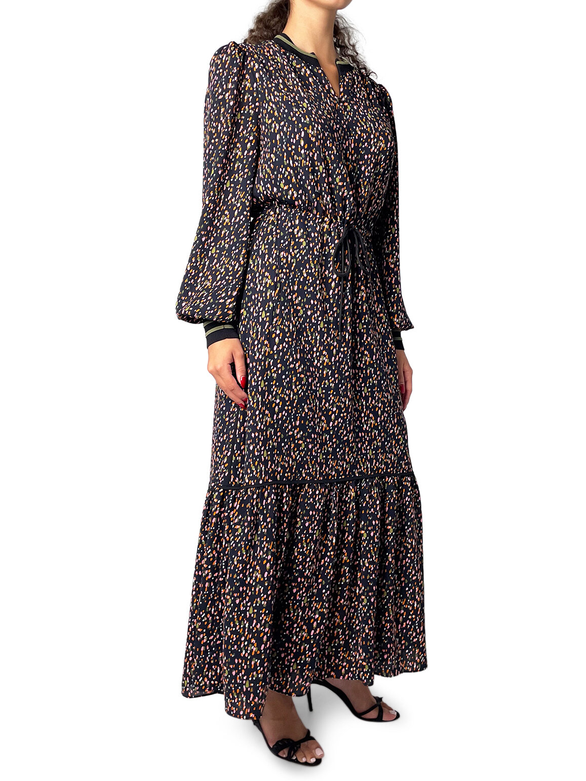 Black Pink & Green Floral tie waist dress