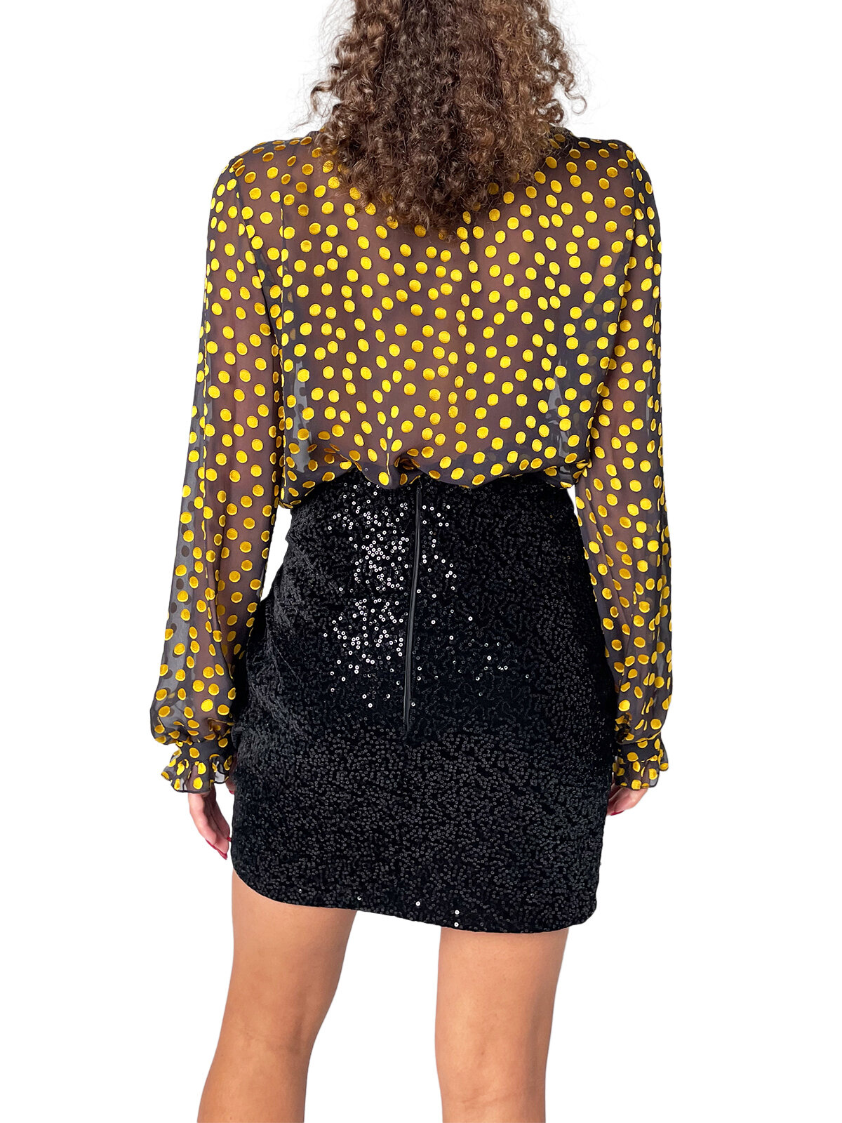 Black Pussy Bow Blouse with Yellow Polka Dots