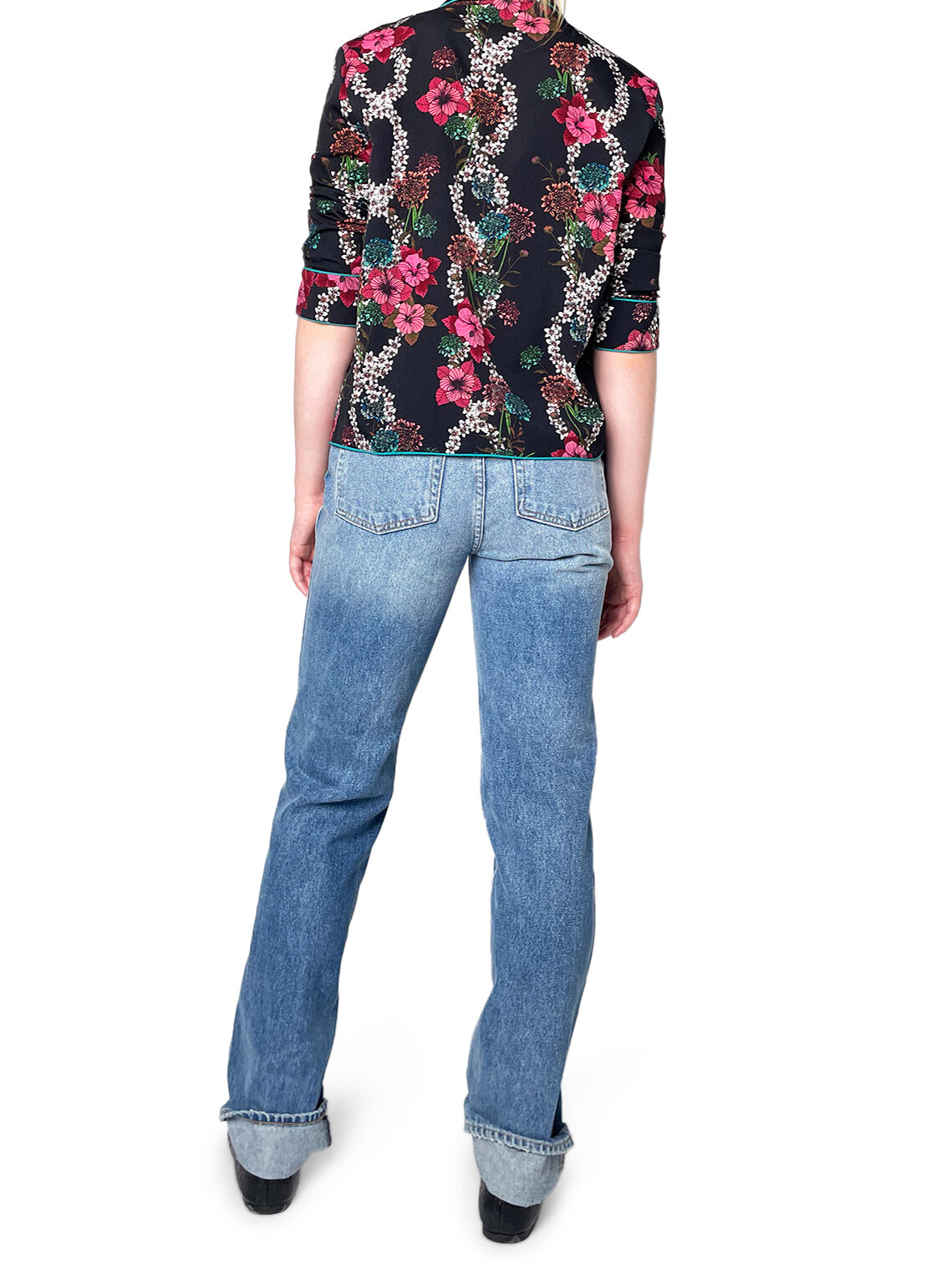 BlackFloral 3/4 Sleeve Button Up Shirt