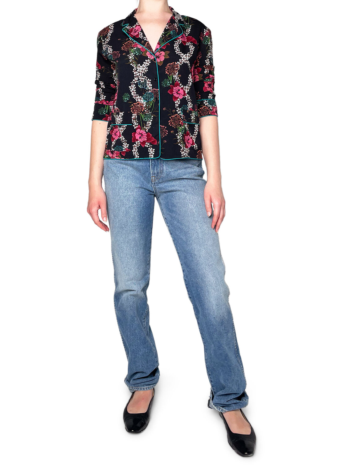 BlackFloral 3/4 Sleeve Button Up Shirt