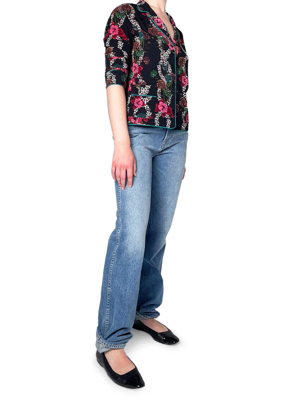 BlackFloral 3/4 Sleeve Button Up Shirt