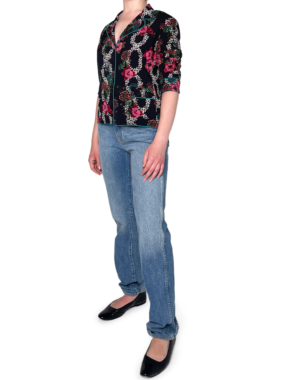 BlackFloral 3/4 Sleeve Button Up Shirt