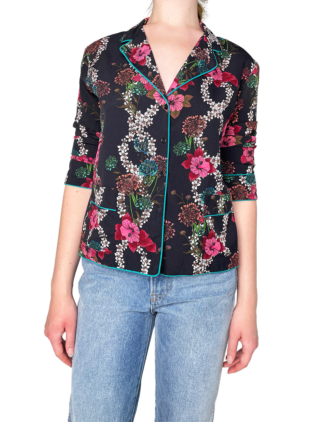 BlackFloral 3/4 Sleeve Button Up Shirt