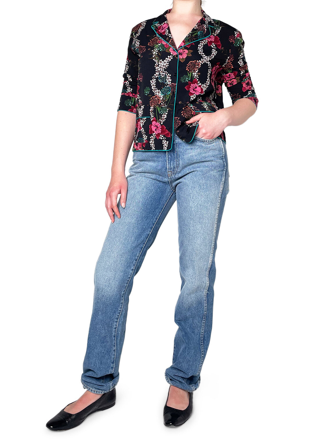 BlackFloral 3/4 Sleeve Button Up Shirt
