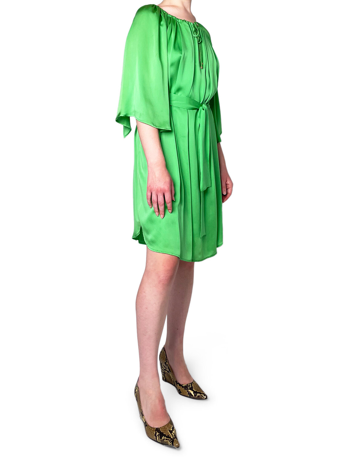 Green Bat Wing Full knee length Silk Dress