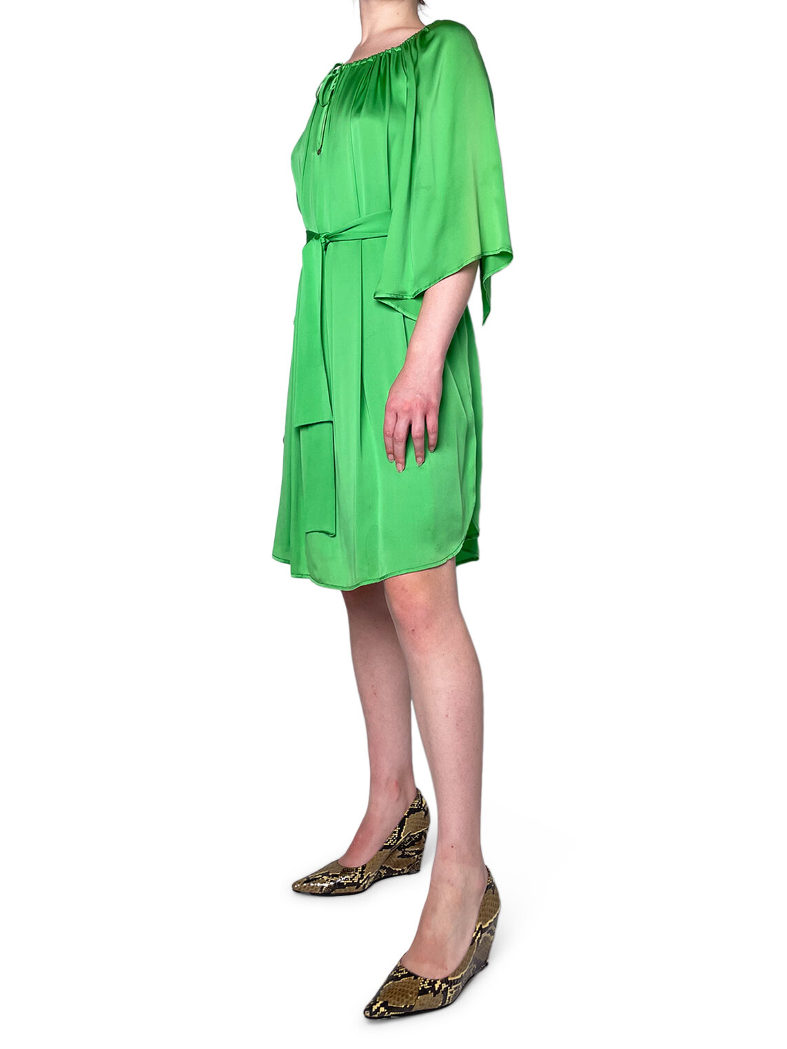 Green Bat Wing Full knee length Silk Dress